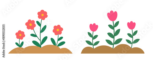 Flowers on the soil flat vector illustration set.
Cute colorful spring flower plants in flat style.
Minimal spring garden flowers flat design elements.