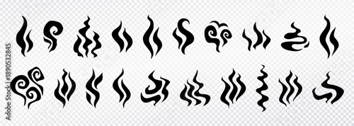 Set of black silhouettes smoke and steam wisps isolated on transparent background. Smell steam illustrations