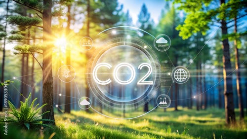 Monitoring CO2 emissions and analyzing environmental data. Concepts of ecology and climate change against a backdrop of green nature.