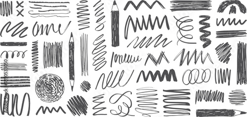 Pencil sketch elements, hand-drawn scribbles, zigzag lines, swirl marks, cross strokes, artistic texture, graphic design assets, creative drawing tools