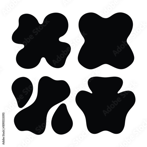 Four abstract black ink blots on a white background showing variations