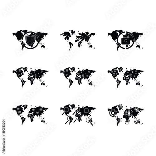A collection of nine black silhouette world maps, each overlaid with different technology, security, and global connectivity icons, illustrating concepts of digital reach and data networks.