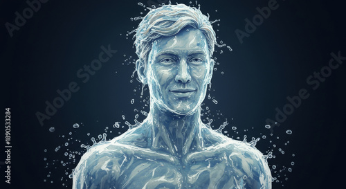 Man figure made of water, with splashes and drops against a dark background. Water element, hydration, cleanliness, and human body concept.