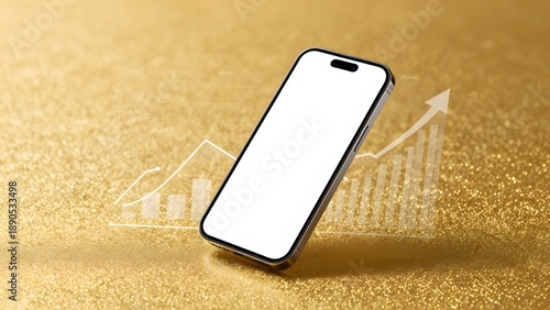Modern smartphone mockup on sparkling gold background featuring financial growth charts for success