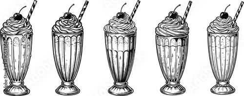 Engraving art five vintage hand drawn milkshakes with whipped cream and cherry vector