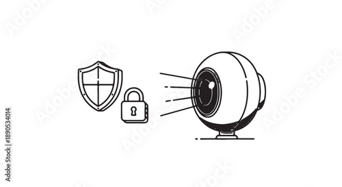 Security camera with shield and lock icons emphasizing surveillance and protection with blue light rays