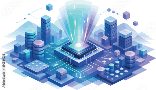 Geometric AI Energy. Abstract geometric landscape featuring isometric data towers and a central processing core radiating soft