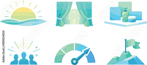 Seasonal Launch Icons. Seasonal reveal composition expressing new season launch energy, six symbolic objects arranged in two