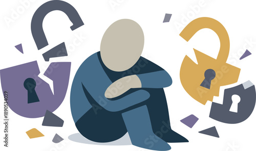 Abstract geometric figure stands partially encircled by fragmented lock shapes representing mental overload caused by online