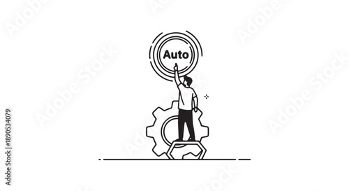 Man standing on gear adjusting 'auto' setting on concentric circles minimalist line art illustration