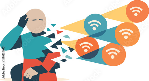 Cognitive Overload Illustration. Abstract geometric human figure appears partially fragmented as overlapping spotlight icons flood