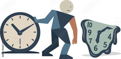 Single abstract geometric figure leans between stable and melting clock forms conveying tension and confusion within digital time
