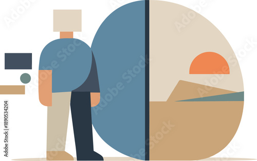 Calm abstract geometric human figure stands beside clearly defined boundary shape reframing virtual reality work-life blur into