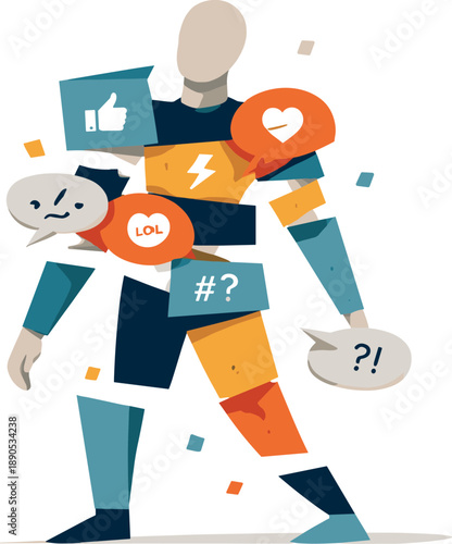 Abstract geometric human figure appears partially fragmented as shortcut symbols override layered forms representing loss of