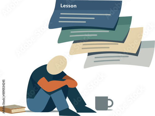 Abstract geometric human figure sits beneath stacked lesson panels drooping downward expressing digital learning fatigue in open