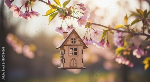 Wallpaper Mural Easter sunday decor hanging wooden birdhouse amidst blooming flowers Torontodigital.ca