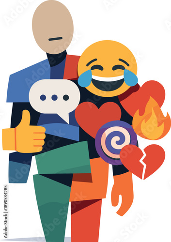 Abstract geometric human figure appears partially fragmented as emoji symbols overlap and obscure body representing emotional