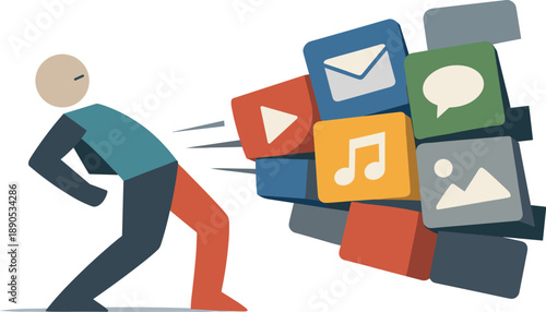 Single abstract geometric human figure leans back as multiple app blocks push inward conveying rising tension within digital