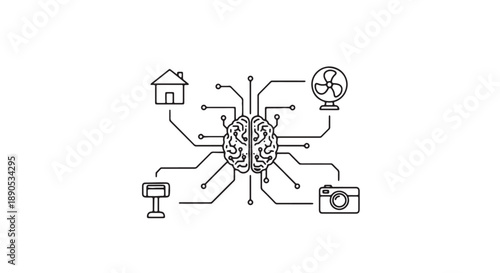 Human brain connected to various electronic devices and home appliances in a simple line art illustration