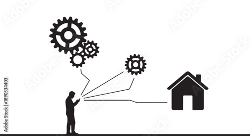 Man controlling house mechanisms with interlocking gears symbolizing home automation and smart living technology