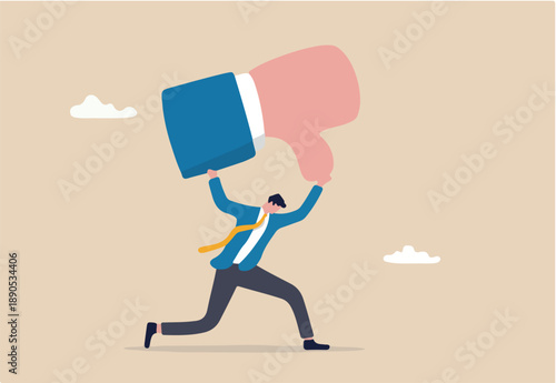 Customer complaint or bad reputation, disappointment from mistake or failure, underperform, negative and dissatisfaction concept, tried businessman carry heavy thumb down symbol on his shoulder.