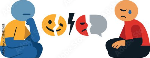 Abstract geometric figure faces split symbols and empty space representing abstract reflection on meaning loss in emoji-driven