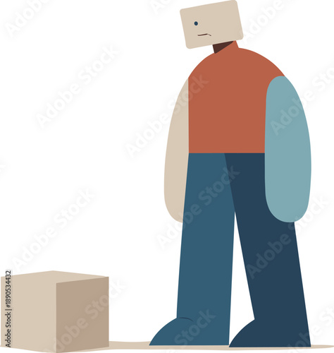 Geometric Renewal Illustration. Calm abstract geometric figure stands beside single grounded block in wide white space reframing