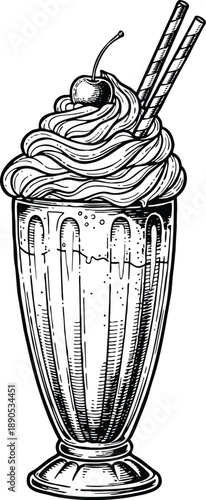 Engraving art vintage hand drawn milkshake with whipped cream, cherry, and wafer sticks vector
