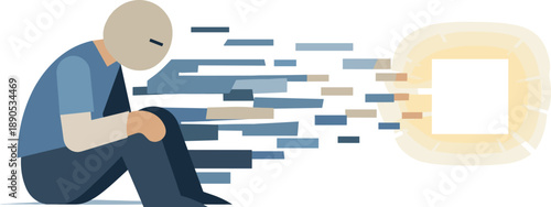 Single abstract geometric figure is fragmented into fading segments pulled toward glowing block suggesting identity erosion in