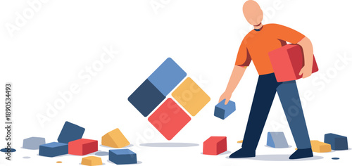 Abstract geometric figure discards scattered blocks leaving only one central shape reflecting restructuring within digital