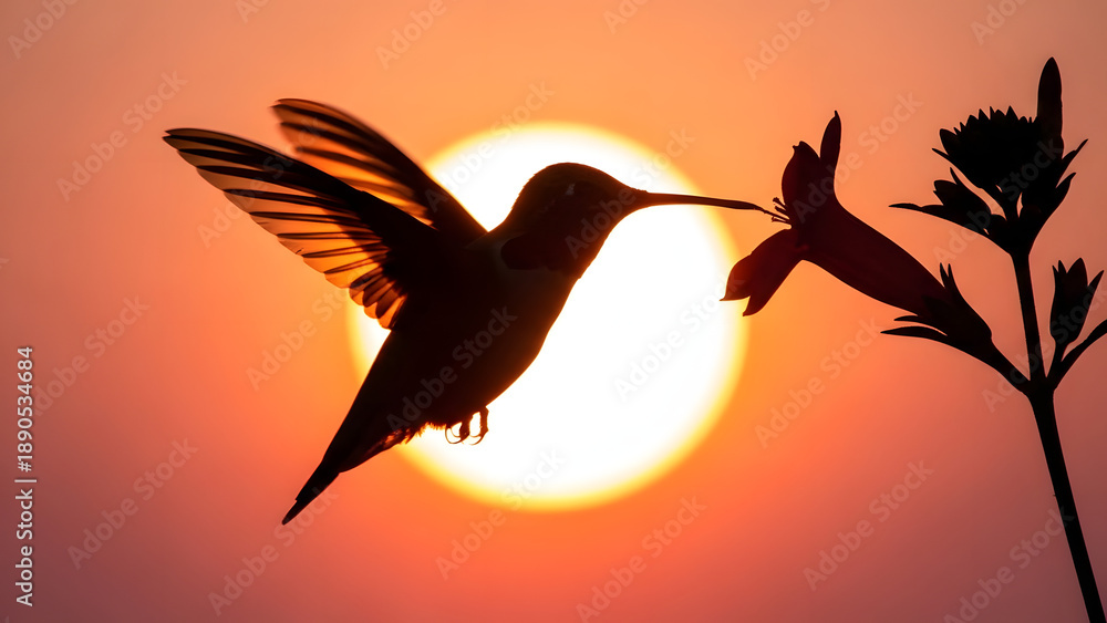 Fototapeta premium Silhouette of a hummingbird hovering in midair with wings beating rapidly while feeding from a tall flower against a brilliant setting sun backdrop