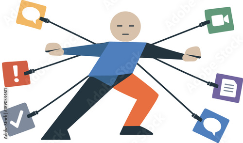 Single abstract geometric figure pulled by multiple connection blocks revealing tension, coordination strain, and loss of focus