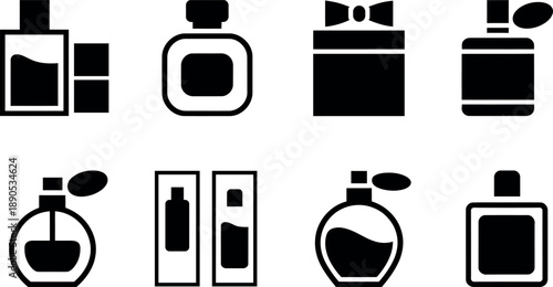 A collection of stylized black and white icons representing various perfume bottles and gift boxes