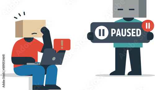 Second abstract geometric figure appears holding a paused notification block while first remains interrupted showing early shared