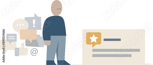 Calm abstract geometric human figure stands beside one intentionally selected feedback block in wide white space reframing online