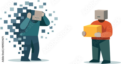 Second abstract geometric human figure appears holding a single anchored focus block while first remains surrounded showing early