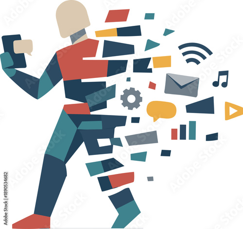 Abstract geometric human figure partially fragments into device-like segments becoming unstable pattern suggesting identity