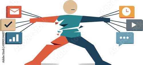 Single abstract geometric human figure pulled in opposing directions by multiple task blocks revealing tension, fragmentation,