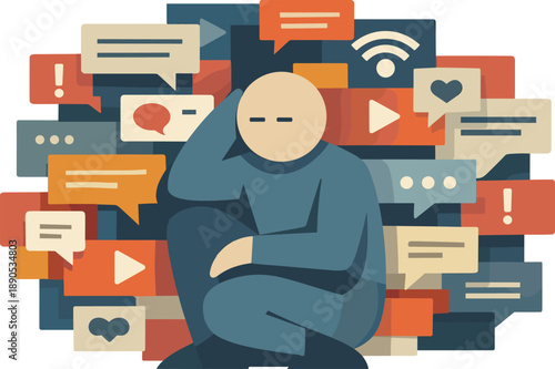 Single abstract geometric human figure overwhelmed by layered signal blocks that fully occupy surrounding space revealing tension