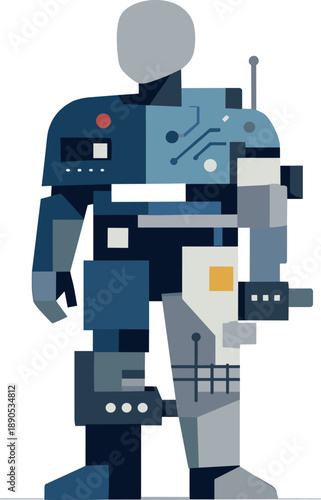 Abstract geometric human figure partially merges with device-like structures becoming rigid patterned silhouette suggesting