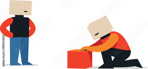 Second abstract geometric human figure appears selectively interacting with one block while first observes, showing early