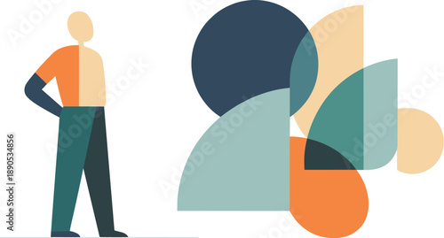 Abstract geometric human figure stands beside partially overlapping abstract shapes suggesting form revealing hidden