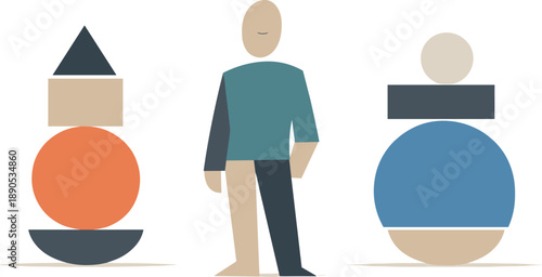 Calm abstract geometric human figure stands beside two fully balanced contrasting clusters in wide white space reframing balance