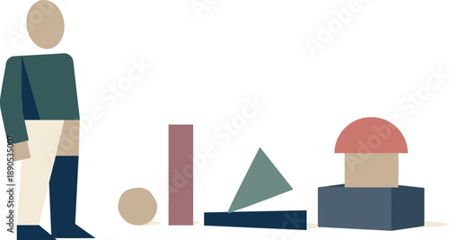 Abstract geometric human figure stands beside scattered abstract blocks suggesting thought progression across forms in isolated