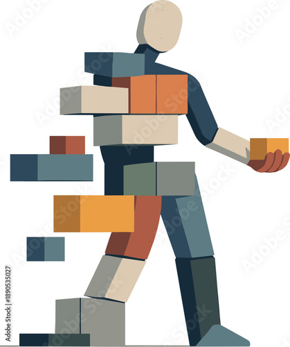 Abstract geometric human figure partially integrates with simplified blocks becoming refined structured form suggesting