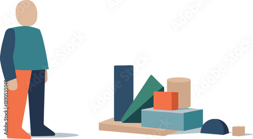 Abstract geometric human figure stands beside scattered abstract blocks suggesting insight built through arrangement in isolated