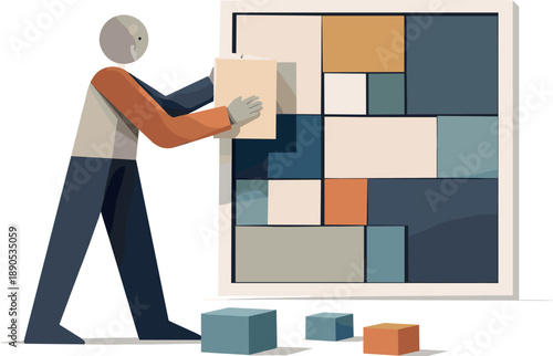 Single abstract geometric human figure aligns multiple blocks into framed arrangement revealing emergent clarity, conceptual