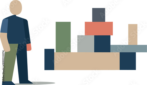 Abstract geometric human figure stands beside aligned abstract blocks suggesting reasoning expressed via structure in isolated