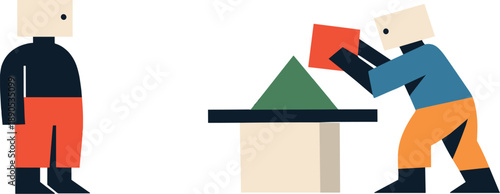 Second abstract geometric human figure appears adjusting one block while first observes, showing early interaction within ideas