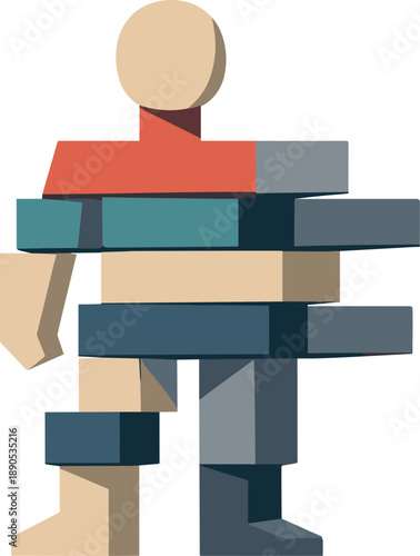 Abstract geometric human figure partially integrates with aligned blocks becoming simplified structured form suggesting